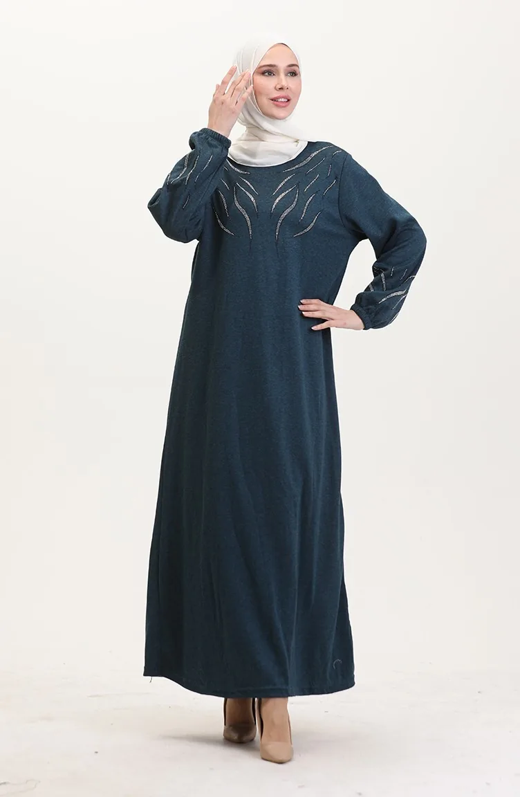 Kleid Mit Elastischen Ärmeln Und Steinen 0547-06 Petrol 0547-06