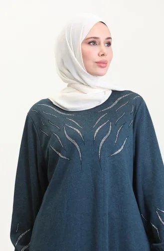 Kleid Mit Elastischen Ärmeln Und Steinen 0547-06 Petrol 0547-06