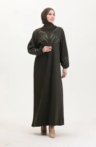 Elastic Sleeve Stoned Dress 0547-07 Khaki 0547-07