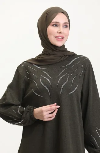 Elastic Sleeve Stoned Dress 0547-07 Khaki 0547-07