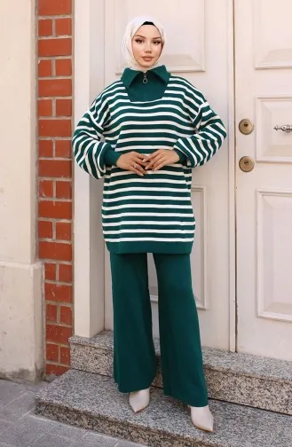 Costume En Tricot Rayé à Col Zippé 11029-01 Vert émeraude 11029-01