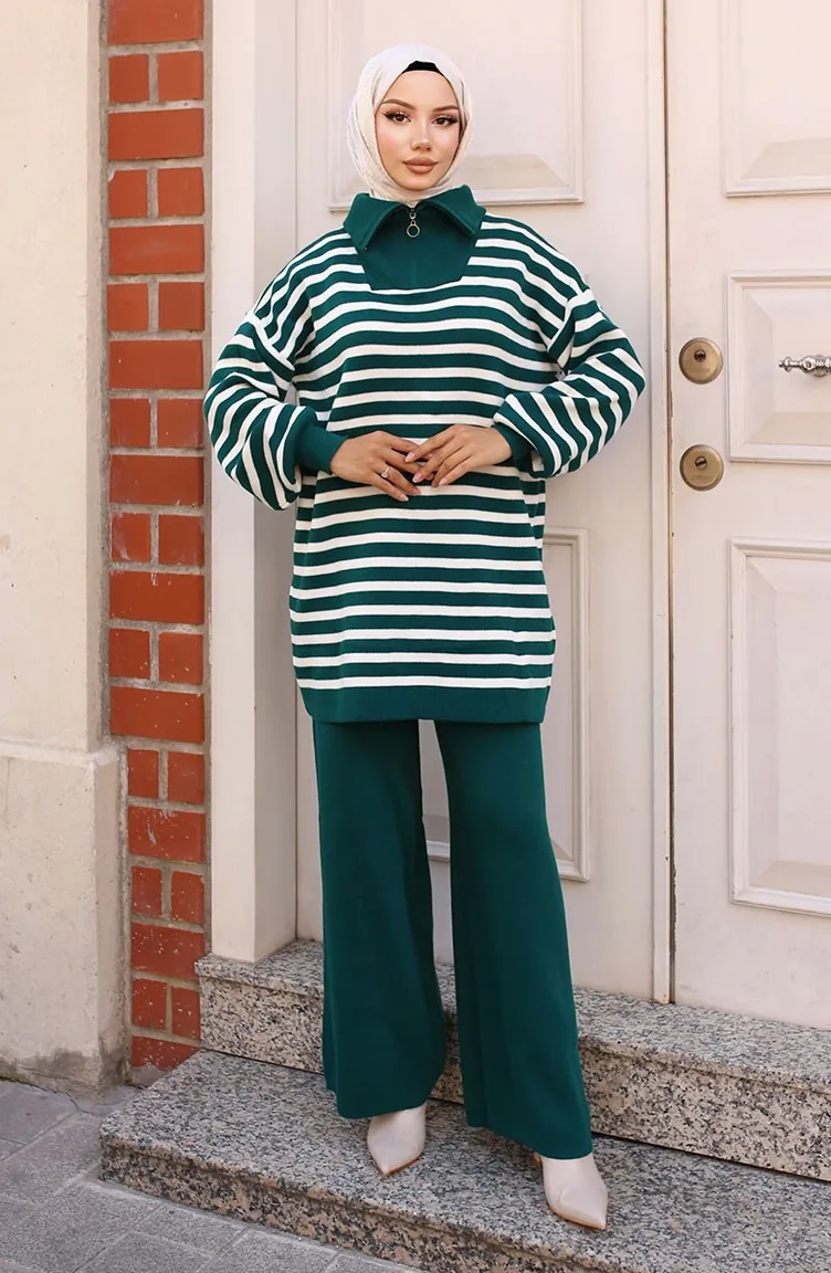 Costume En Tricot Rayé à Col Zippé 11029-01 Vert émeraude 11029-01