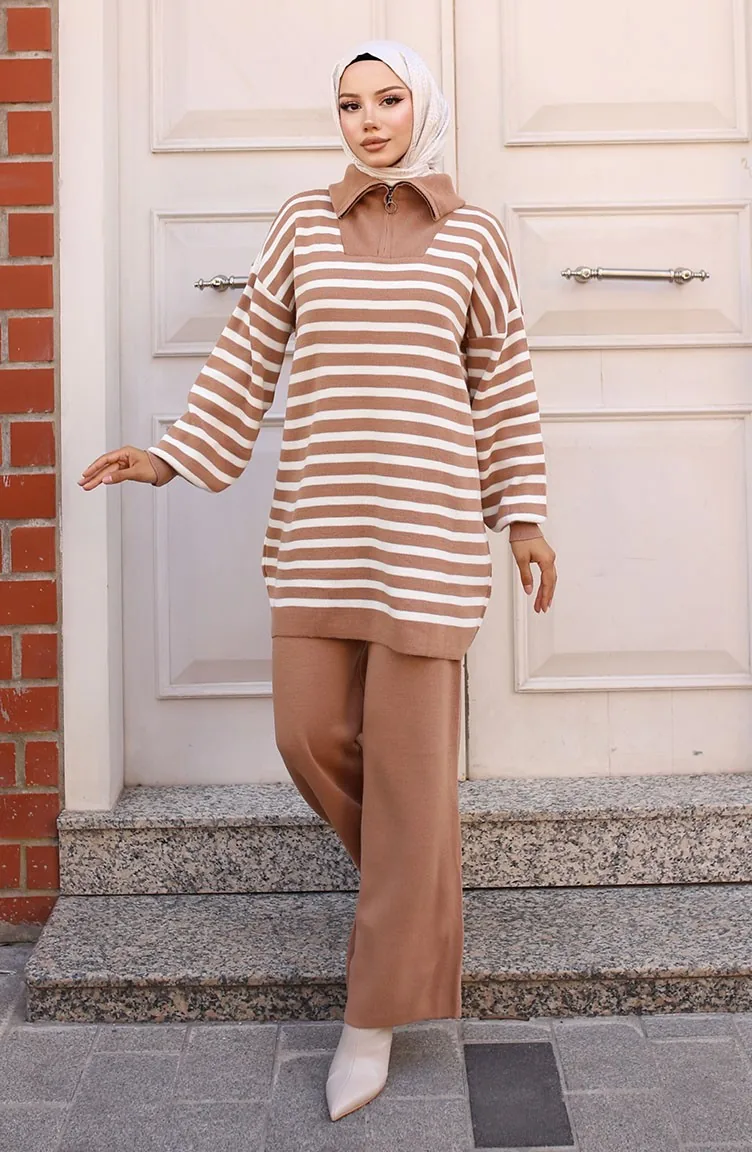 Costume En Tricot Rayé à Col Zippé 11029-02 Vison 11029-02