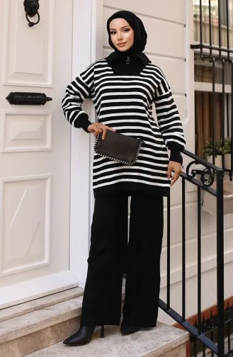 Gestreifter Strickanzug Mit Kragen Und Reißverschluss 11029-03 Schwarz 11029-03