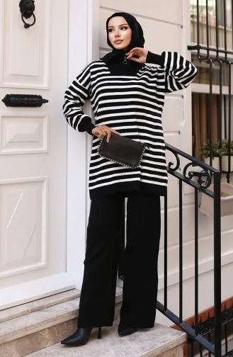 Gestreifter Strickanzug Mit Kragen Und Reißverschluss 11029-03 Schwarz 11029-03