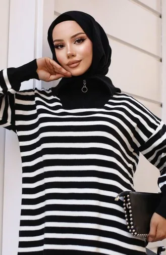 Gestreifter Strickanzug Mit Kragen Und Reißverschluss 11029-03 Schwarz 11029-03