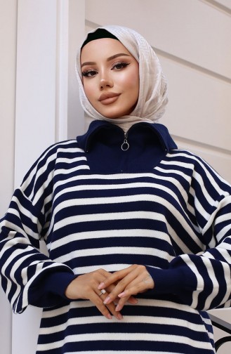 Yaka Fermuarlı Çizgili Triko Takım 11029-04 Lacivert