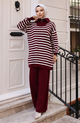 Yaka Fermuarlı Çizgili Triko Takım 11029-06 Bordo