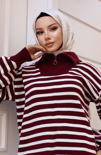 Yaka Fermuarlı Çizgili Triko Takım 11029-06 Bordo