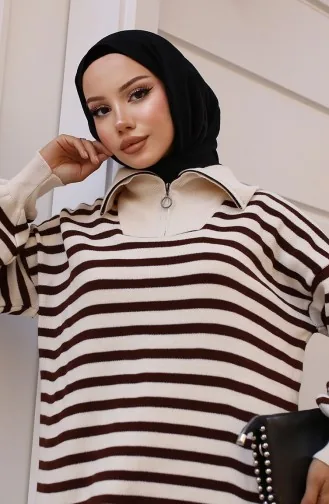 Yaka Fermuarlı Çizgili Triko Takım 11029-07 Bej