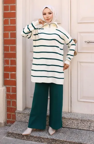 Yakası Fermuarlı Çizgili Triko Takım 11034-01 Zümrüt Yeşili