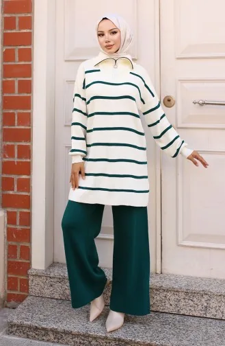 Yakası Fermuarlı Çizgili Triko Takım 11034-01 Zümrüt Yeşili