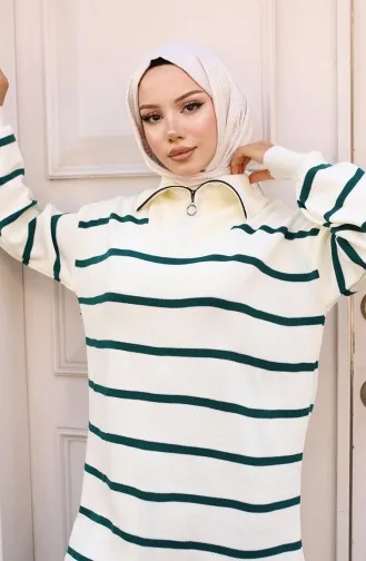 Yakası Fermuarlı Çizgili Triko Takım 11034-01 Zümrüt Yeşili