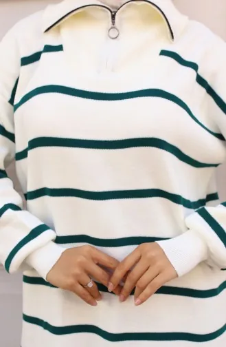Yakası Fermuarlı Çizgili Triko Takım 11034-01 Zümrüt Yeşili