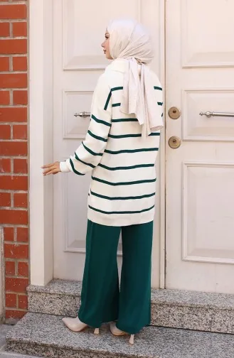 Yakası Fermuarlı Çizgili Triko Takım 11034-01 Zümrüt Yeşili