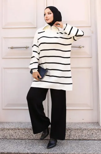 Gestreifter Strickanzug Mit Reißverschlusskragen 11034-03 Schwarz 11034-03