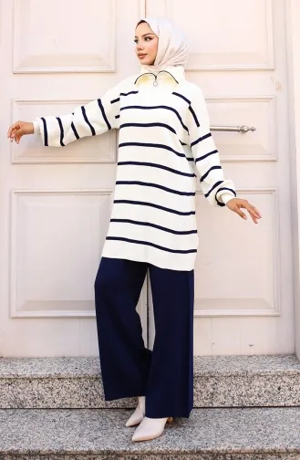Costume En Tricot Rayé Avec Col Zippé 11034-04 Bleu Marine 11034-04