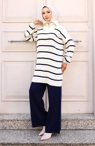 Costume En Tricot Rayé Avec Col Zippé 11034-04 Bleu Marine 11034-04