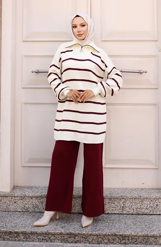 Costume En Maille Rayée Avec Col Zippé 11034-06 Bordeaux 11034-06