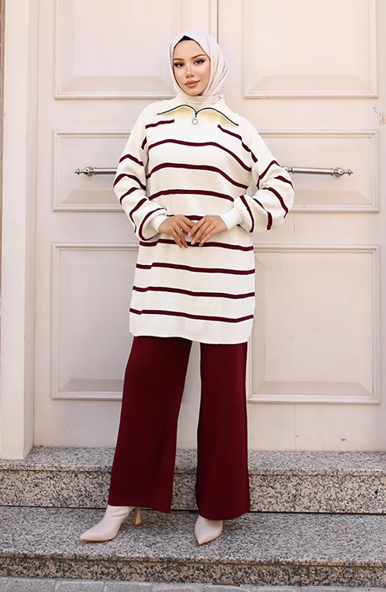 Costume En Maille Rayée Avec Col Zippé 11034-06 Bordeaux 11034-06