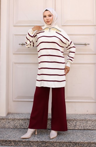 Yakası Fermuarlı Çizgili Triko Takım 11034-06 Bordo
