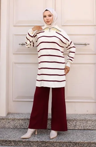 Costume En Maille Rayée Avec Col Zippé 11034-06 Bordeaux 11034-06