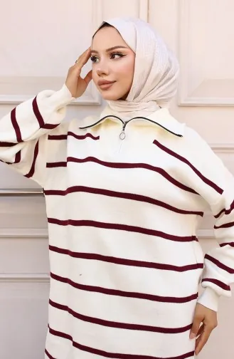 Costume En Maille Rayée Avec Col Zippé 11034-06 Bordeaux 11034-06