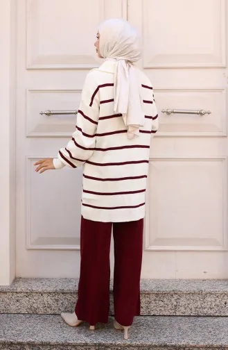 Costume En Maille Rayée Avec Col Zippé 11034-06 Bordeaux 11034-06