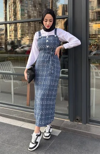 Düğmeli Tüvit Jile Elbise 4405-02 İndigo