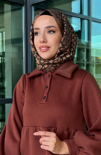 Önden Düğmeli Üç İplik Elbise 4417-03 Kahverengi