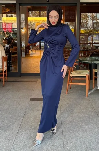 Önden Düğmeli Elbise 4620-01 Lacivert