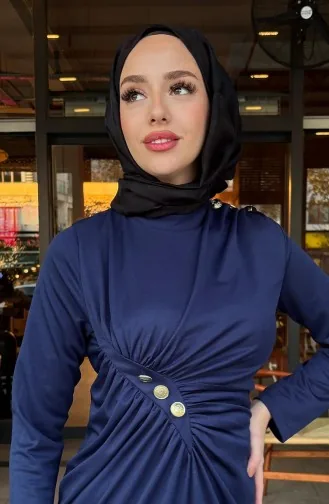 Önden Düğmeli Elbise 4620-01 Lacivert