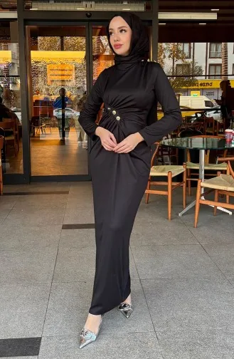 Önden Düğmeli Elbise 4620-02 Siyah