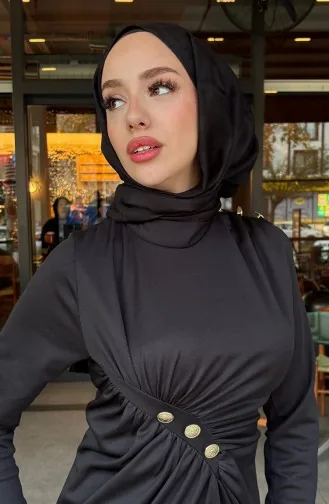 Önden Düğmeli Elbise 4620-02 Siyah