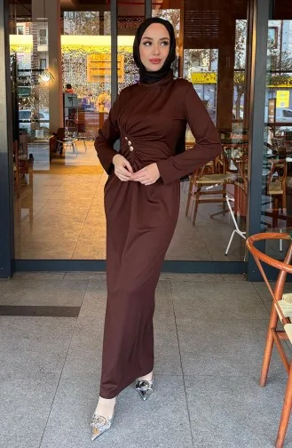 Önden Düğmeli Elbise 4620-05 Kahverengi