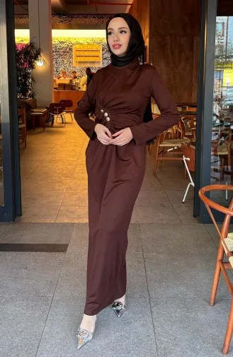 Önden Düğmeli Elbise 4620-05 Kahverengi