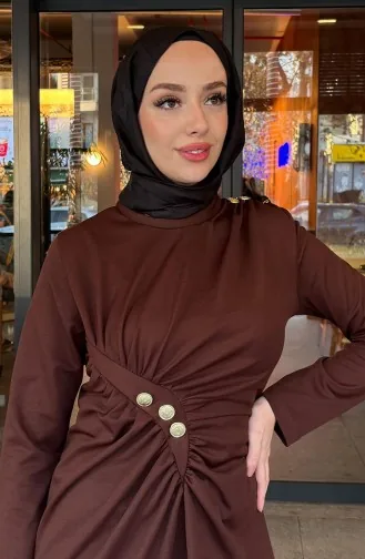 Önden Düğmeli Elbise 4620-05 Kahverengi