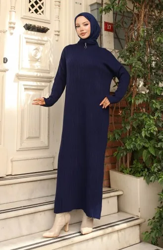 Robe En Velours Côtelé à Col Zippé 11032-01 Bleu Marine 11032-01