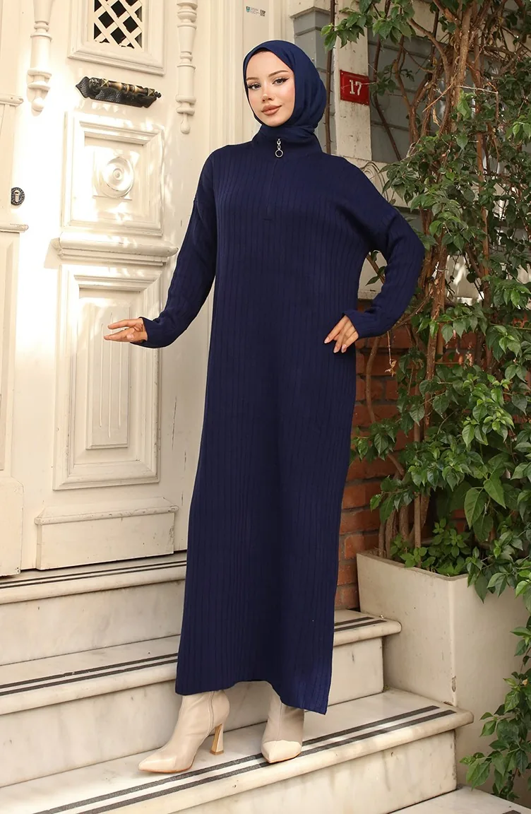 Robe En Velours Côtelé à Col Zippé 11032-01 Bleu Marine 11032-01