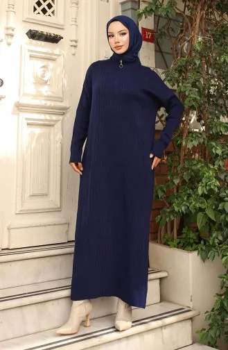Robe En Velours Côtelé à Col Zippé 11032-01 Bleu Marine 11032-01