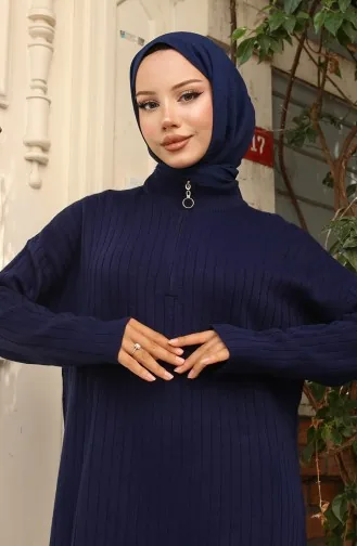 Robe En Velours Côtelé à Col Zippé 11032-01 Bleu Marine 11032-01