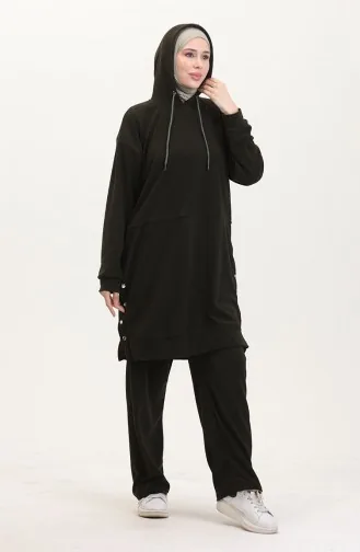 Ensemble Deux Pièces Tunique à Capuche Et Pantalon En Tissu Astana 0553-02 Vert Kaki 0553-02