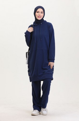 Astana Kumaş Kapüşonlu Tunik Pantolon İkili Takım 0553-03 Lacivert