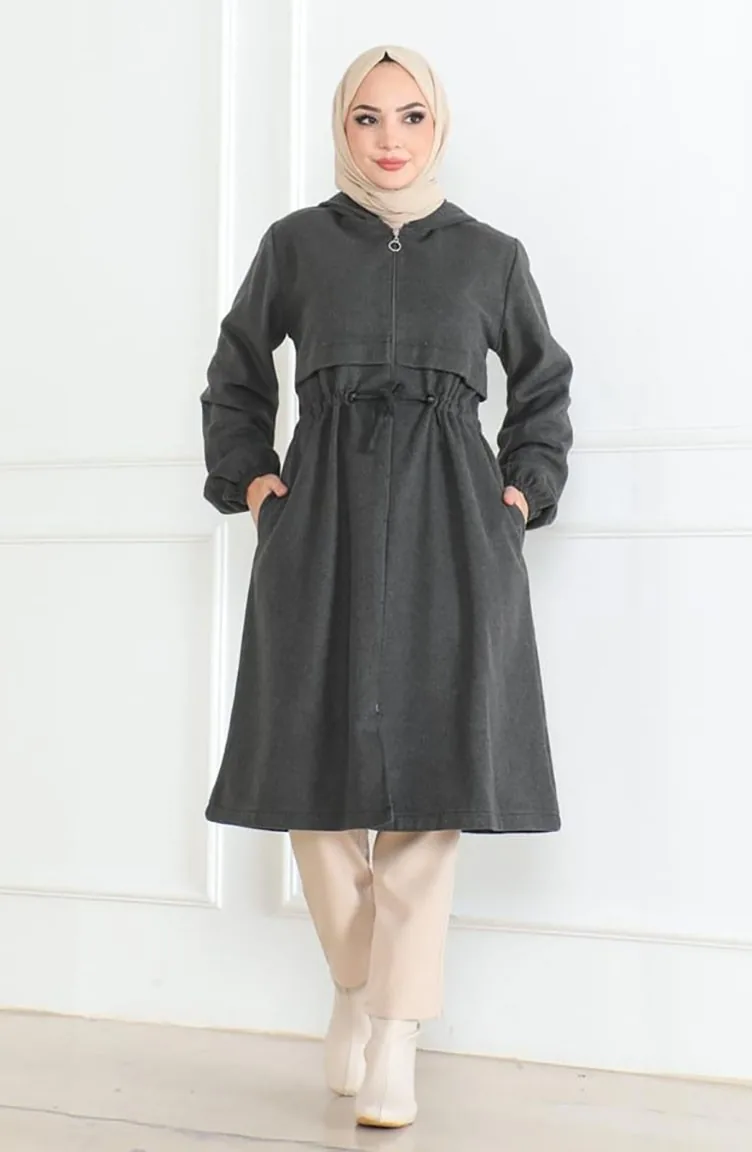 Manteau En Cachemire à Capuche Et Fermeture éclair 0503-01 Gris 0503-01