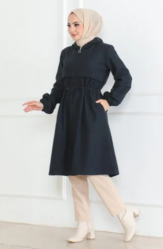 Kaschmirmantel Mit Kapuze Und Reißverschluss 0503-03 Marineblau 0503-03