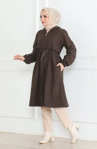 Kapüşonlu Fermuarlı Kaşe Kaban 0503-04 Kahverengi