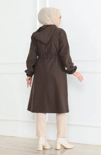 Kapüşonlu Fermuarlı Kaşe Kaban 0503-04 Kahverengi