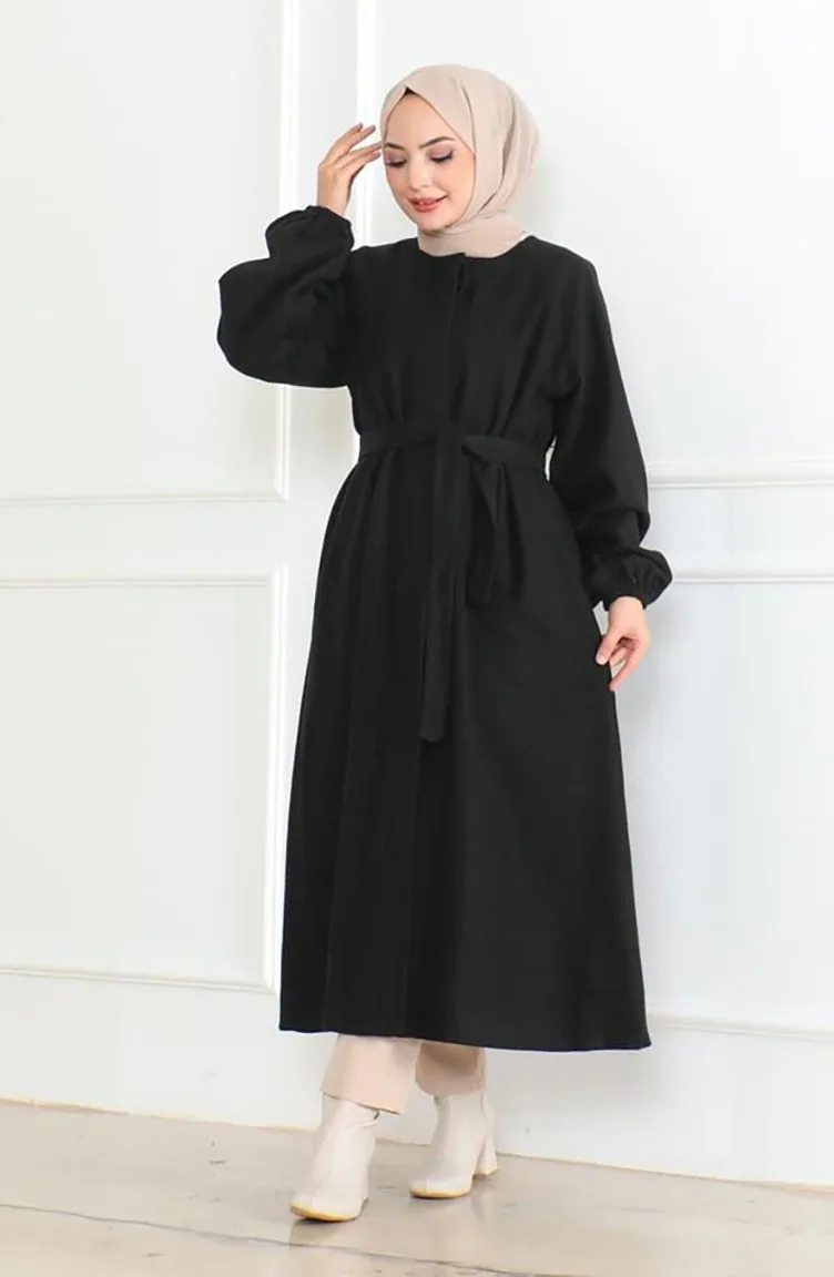 Manteau En Cachemire à Ceinture Et Patte De Boutonnage Dissimulée 0504-02 Noir 0504-02