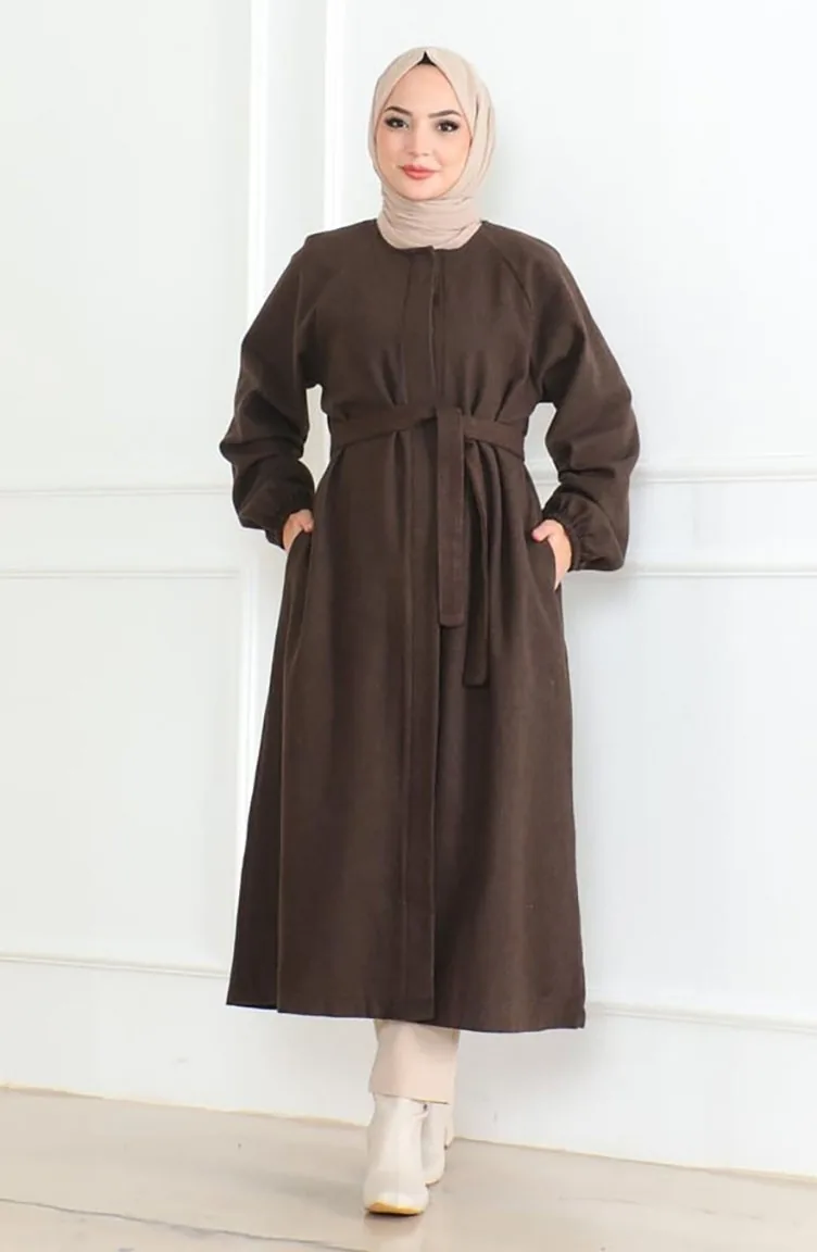Manteau En Cachemire à Ceinture Et Patte De Boutonnage Dissimulée 0504-05 Marron 0504-05