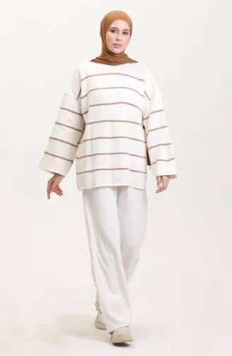 Costume En Tricot Rayé 3083-04 Crème 3083-04